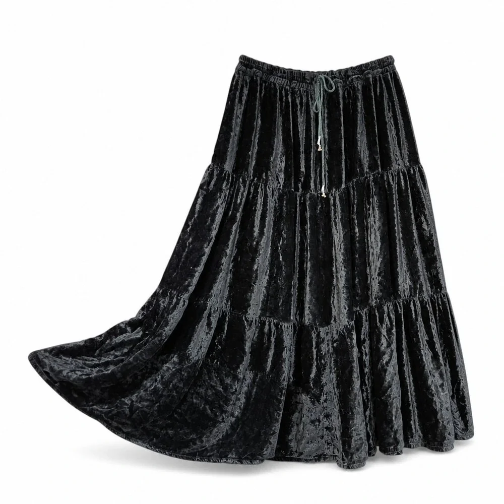 Black Tiered Velvet Maxi Skirt Whimsigoth Fairy Grunge Large XL One Size Rayon